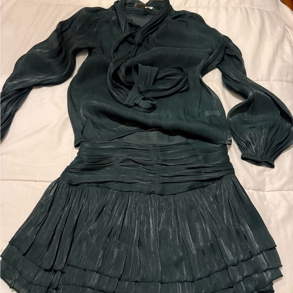 Chic Forest Green Women's Blouse and Skirt Ensemble